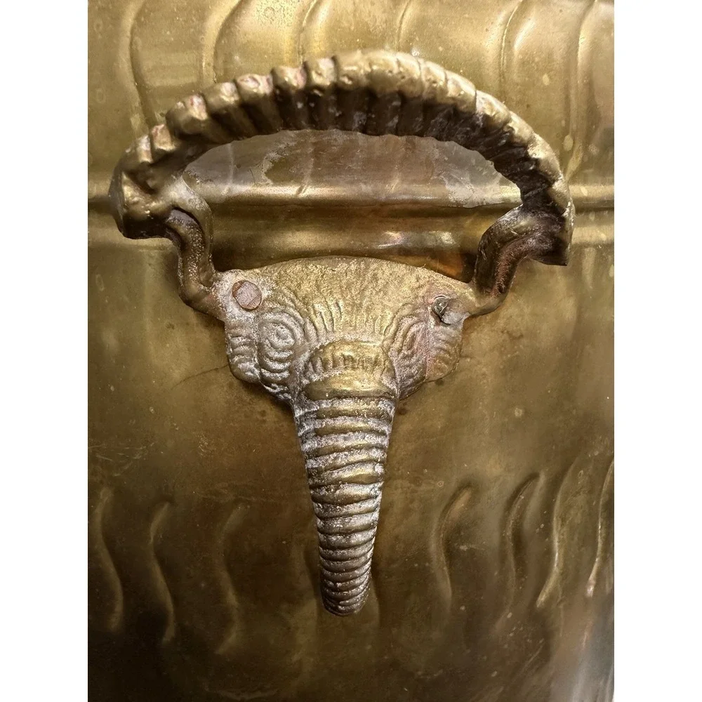 Vtg Brass Cachepot Jardiniere 4 Lion Elephant Head Ring Handles Planter 9